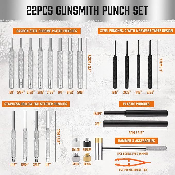HORUSDY 22-Piece Punch and Hammer Set, Steel Roll Pin Punch Set with Interchangeable Hammer Heads, Durable Punch Tool Kit for Maintenance, with Storage Case