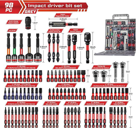 98Pieces 1??2??Impact Screwdriver Bits Set, Magnetic S2 Steel (Phillips/Slotted/Square/Torx/Hex/Security Torx) Driver Bits Tips,Impact Bit Holder and Nut Driver with Grey Storage Box Case