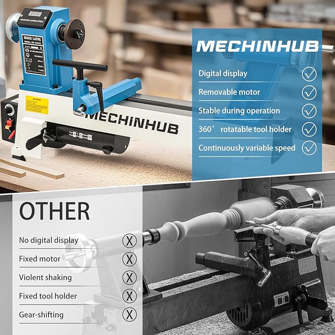 12" x 18" Digital Display Wood Lathe Machine, Benchtop Wood Lathe Machine 3/4HP Infinitely Variable Speed 650-3800 RPM Professional for High Speed Sanding and Polishing