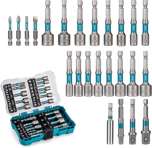 LIBRATON 24PCS Magnetic Nut Driver Set, Impact Drill Driver Bit Set 1/4", Metric and SAE Nut Drivers for Impact Drill, Impact Socket Adapters, Bit Holder, Screwdriver Bits, with Toolbox