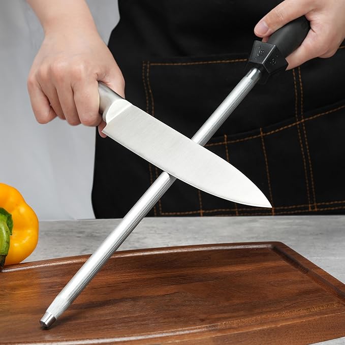 Knife Sharpener Knife Sharpening Rod Honing Steel with 15째-18째-20째Angle Guides Professional Carbon Steel with Black Rubber Grip for Kitchen Chef House Gift 12''