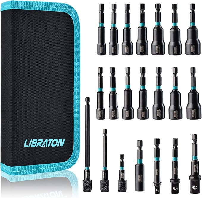 Libraton 21PCS Magnetic Nut Driver Set, Impact Drill Driver Bit Set 1/4", Metric and SAE Nut Driver, Impact Socket Adapters, Bit Holder, Quick-Release Extensions with Storage Bag