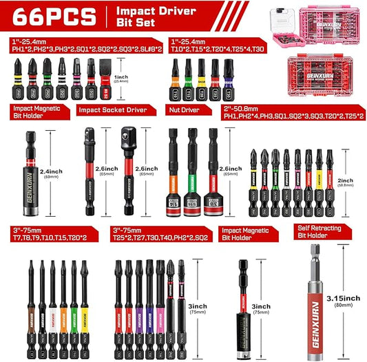 66Pieces Impact Screwdriver Bits Set, Magnetic S2 Steel 1??2??3??Phillips/Square/Torx/Slotted Bits Tips,Impact Bit Holder and Nut Driver with Storage Box Case