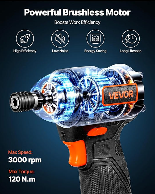 VEVOR Impact Driver, 1/4 Inch, 3000 RPM Max Speed, 12 V Brushless Motor, Electric Cordless Impact Driver Kit with Battery and Charger, 20 Bits, LED Work Light, for Furniture, Electrical, Home Repairs