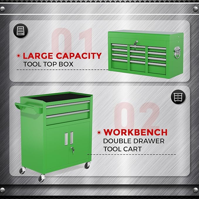 INTERGREAT Tool Chest, 8 Drawer Rolling Tool Chest with Drawers, Detachable Top Tool Box, and Locking Mechanism, Metal Tool Cart with Liner and 6 Hooks for Garage, Workshop, Green