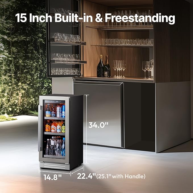 Ca'Lefort 15 Inch Beverage Refrigerator - 100 Can Small Beverage Fridge, Drink Fridge Glass Door 3 LED 34째F -54째F Beverage Cooler Built-in or Freestanding, Perfect for Home/Kitchen(3.0 cu.ft)