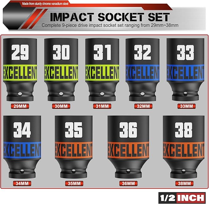 9 Piece 1/2-Inch Drive Impact Socket Set, 29-38mm Alxe Nut Sockets, 6 Point Metric Sockets for Automotive Repair, Equipment Maintenance