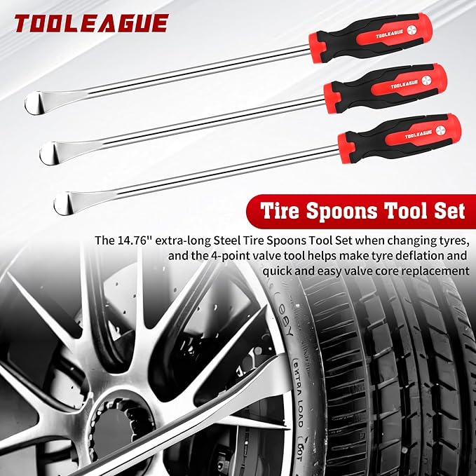 TOOLEAGUE 14.5" Steel Tire Spoon Set, Tire Changer Tool Kit for Motorcycle Dirt Bike Lawn Tractor Bicycle with Rim Protector, Valve Tool, Valve Cores and Caps