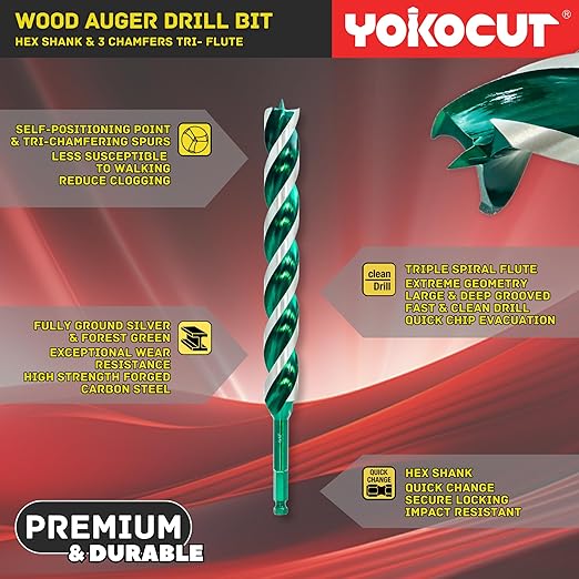 1" x 9" Auger Drill Bit for Wood, Hex Shank Tri-Flute Drill Bits, Ship Auger Long Drill Bit for Soft and Hard Wood, Plastic, Drywall, Tree Stump and Composite Materials
