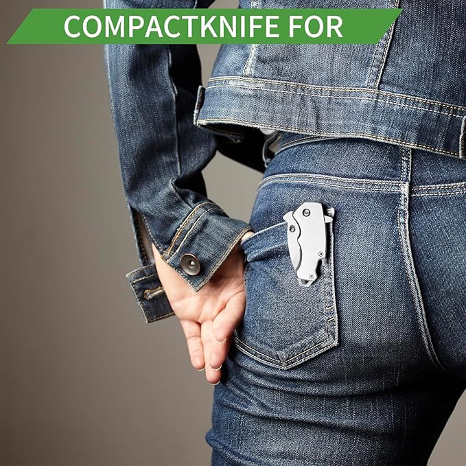 Small Pocket Knife for men, 1.58 Inch Blade, Silver Stainless Steel, Compact Keychain knife with Safety Lock and Clip for Camping, Hiking, Daily Task, Mini Folding Box Cutter EDC Gadgets Tools