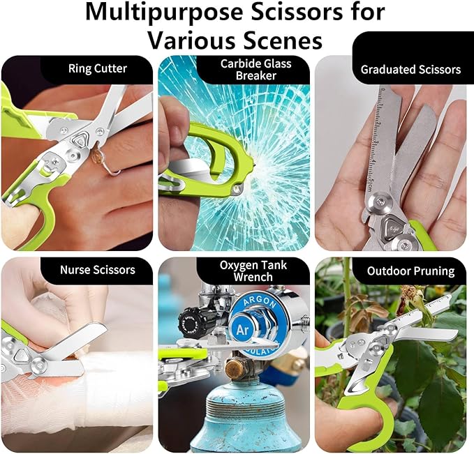 6 In 1 Multi-function Trauma Shears Foldable with Compatible Holster and Penlights,Emergency Trauma Shears with Strap Cutter and Glass Breaker for Outdoor Medical Scissors Tools Green