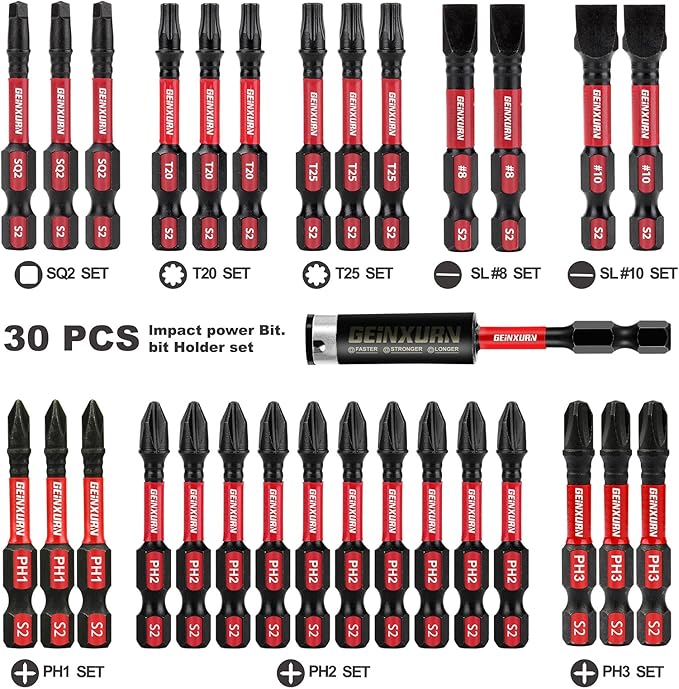 Screwdriver Bit Set with PH1/PH2/PH3/SQ2/T20/T25/SL8/SL10 and 1Pcs Impact Bit Holder, 30Pack Bulk Impact Rate Insert Driver Bit Set