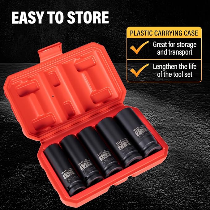 5 Pieces 1/2 inch Drive Deep Impact Socket Set, Metric,15mm 17mm 19mm 21mm 22mm,Cr-Mo,6-Point,Spindle Axle Nut Impact Socket