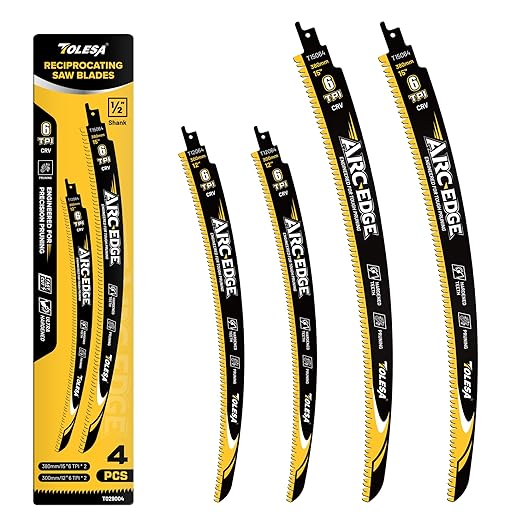 TOLESA 12&15in. Japanese Teeth Reciprocating Saw Blade, Arc Edge Wood Pruning Saw Blades 6TPI for Tree Trimming, Wood Cutting, Durable & Sharp, 4-Pack