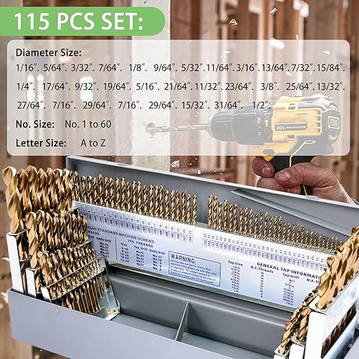 Cobalt Drill Bit Set - 115Pcs M35 High Speed Steel Bits for Hardened Metals, Stainless Steel, Cast Iron and Wooden Plastics, with Metal Index Storage Box,1/16"-1/2", A-Z, #1-#60