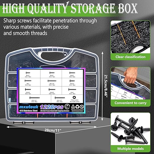 mxuteuk 610PCS #8#10 Black Self Tapping Screws,410 Stainless Steel Self Drilling Screws for Metal,Truss Head Black Self Tapping Screw for Metal,Plastic,Wood(1/2" to 1-1/2")