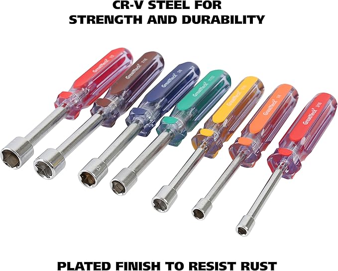 Great Neck ND72 7-Pc SAE Nut Driver Set, Nut Drivers for Automotive, Mechanical, and DIY Projects, Chrome Vanadium Steel, Acetate Color-Coded Handles, Rust-Resistant, ANSI Rated Tools