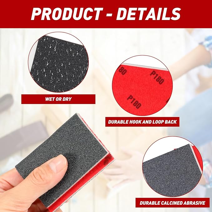 36 Pcs Sanding Sponge 80/120/180/240/320/400 Grit Sandpaper Assortment, Washable & Reusable Sanding Blocks for Wood, Metal, Drywall, Glazing, Wet Dry Sandpaper for Smooth Finishing