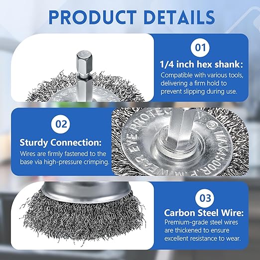10 Pcs Drill Wire Brushes Coarse Carbon Steel Crimping Wire Wheel Cup Brushes, 1/4 Inch Hex Shank ??Suitable for Rust Cleaning, Stripping & Abrasive Applications