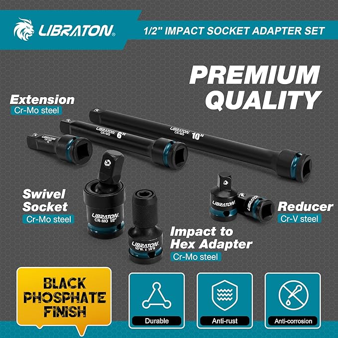 LIBRATON 1/2" Impact Socket Adapter Set 7PCS, Impact Socket Adapter Extensions 3" 6" 10", Socket Adapter Reducers, Swivel Socket, Impact to 1/4 Hex Converter, for Automotive Repair, XPE Foam