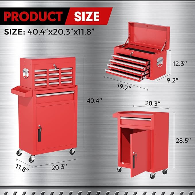 INTERGREAT Rolling Tool Chest, 5-Drawer Tool Box Organizer w/Lockable Wheels & Sliding Drawers & Detachable Top, Tool Storage Cabinet for Garage Workshop (Red)