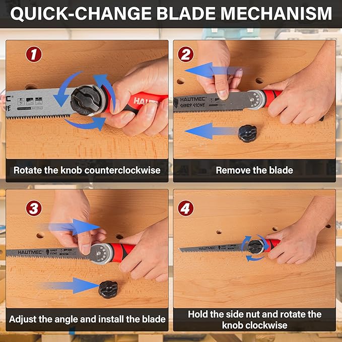 HAUTMEC 3-In-1 Japanese Pull Saw and Jab Saw Set, Quick Tool-Free Blade Replacement, 4-Angle Cutting, Pro SK4 Handsaw with 17TPI & 9TPI Pullsaw, 6TPI Drywallsaw – HTHDM25050