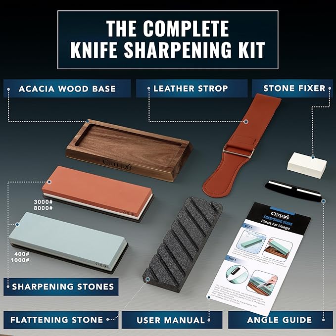 Cutluxe Whetstone Knife Sharpener ??Sharpening Stone Kit, Professional 4 Side Grit 400/1000/3000/8000, Non Slip Acacia Wood Base, Angle Guide, Black Flattening Stone, Leather Strop