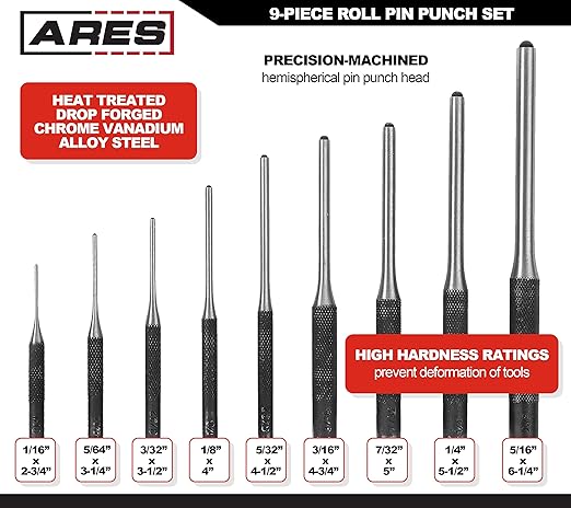 ARES 10021 ??9-Piece Roll Pin Punch Set ??Durable Heat Treated and Drop Forged Steel Pin Punches with Pouch -Ideal for Automotive Repair, Gunsmithing, Craft Work, and Jewelry Repair