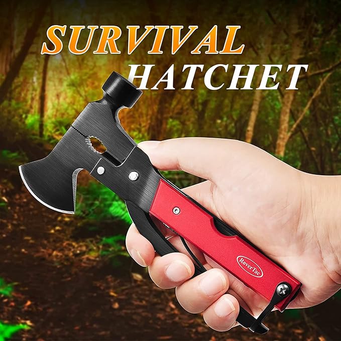 RoverTac 14-in-1 Multitool Camping Axe Hatchet ??Essential Camping Gear with Knife, Hammer, Saw, Bottle Opener, Screwdriver ??Multi Tool with Sheath ??Gifts for Men, Dad, and Outdoor Adventures
