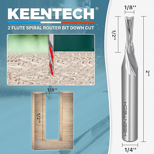 KEENTECH 1/4" Shank Downcut 2 Flute Flat Tip Sprial Router Bit for CNC Router Machine, 1/8" Cutting Diameter, 1/2" Cutting Depth, for Wood Cutting, Custom Furniture, Slot Mortise, Engraving, Carving