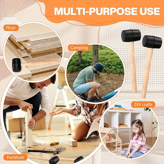 12 Pieces 7 oz Rubber Mallet Hammer with Wood Handle Lightweight Soft Rubber Hammer for DIY Jewelry Leather Crafts Woodworking Camping Flooring Installation, Black
