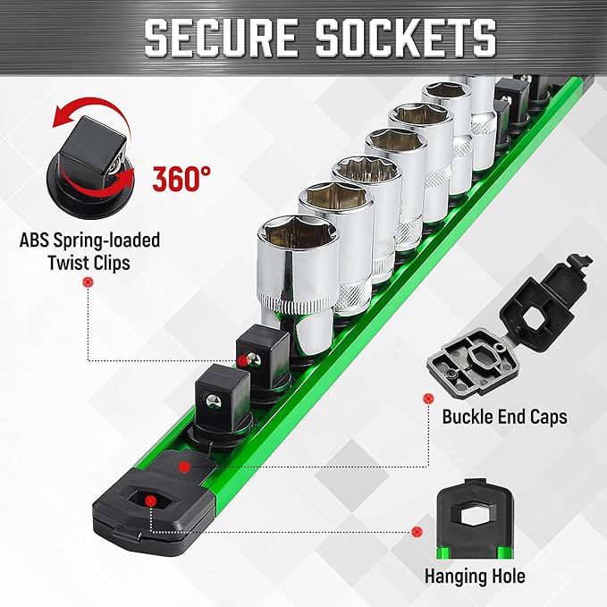 ALOANES 6-Piece Magnetic Socket Organizer, Heavy Duty Aluminum Socket Rails Organizer, 360째 Swivel Clips Socket Holder Kit for Tool Box, 1/2, 3/8, 1/4-Inch Socket Holder x 80 Clips (Green)