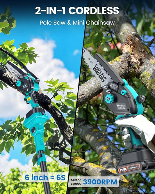 Cordless Pole Saw&Mini Chainsaw,2-IN-1 6 inch Electric Handheld Chain Saw with 2pcs 2000mAh Rechargeable Batteries,Pole Saws with Extension Pole for Tree Trimming Wood Cutting,Ideal Gifts for Men Dad