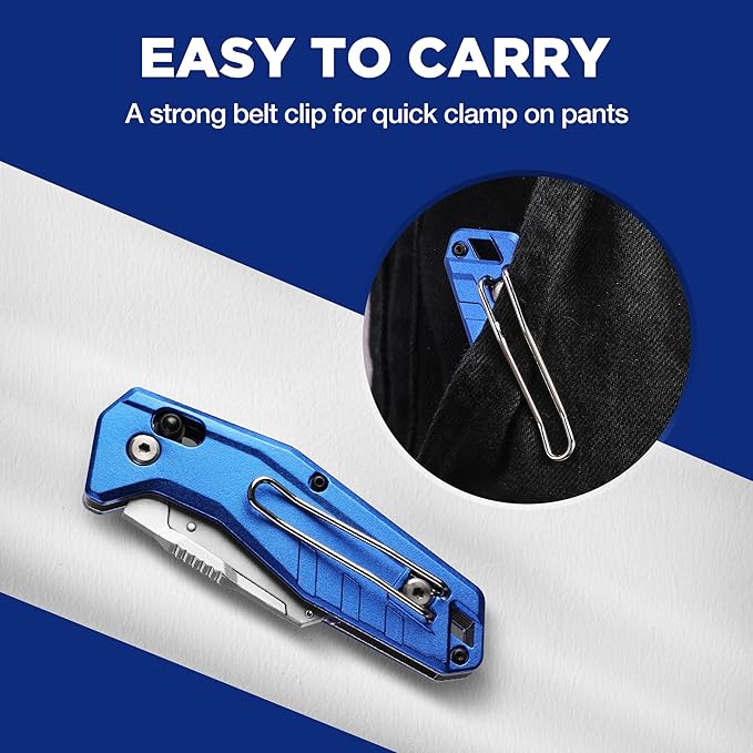 WORKPRO Premium Axis Lock Utility Knife Folding, Heavy Duty Metal Box Cutter with Quick Open Lock, Quick Change Blade Razor Knife, Foldable Pocket Knife with Belt Clip