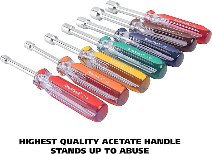 Great Neck ND72 7-Pc SAE Nut Driver Set, Nut Drivers for Automotive, Mechanical, and DIY Projects, Chrome Vanadium Steel, Acetate Color-Coded Handles, Rust-Resistant, ANSI Rated Tools