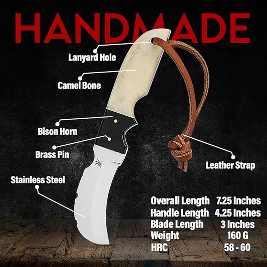 Handmade Stainless Steel Lineman’s Hawkbill knife with Leather sheath, Heavy Duty Utility Knife blade Electrician Wire Skinning knife for professional. (Camel & Black)