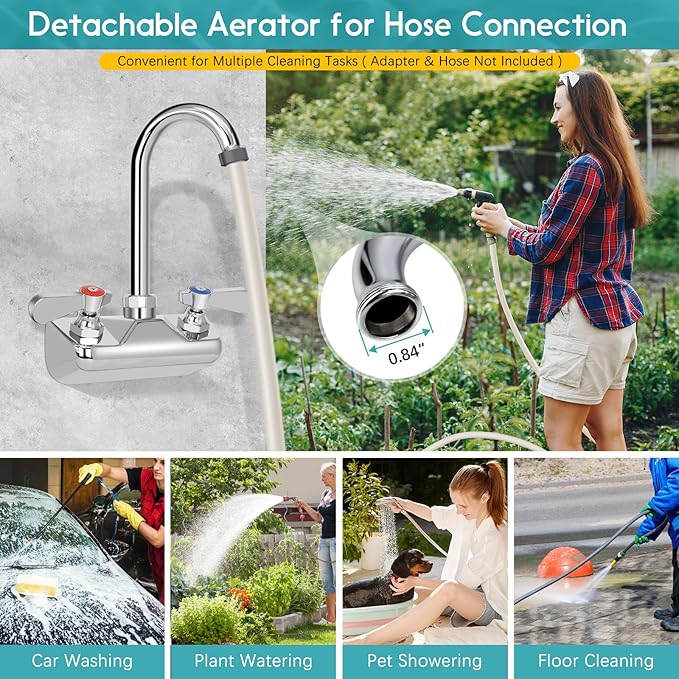 Leak-Free Commercial Hand Sink Faucet, 4 Inch Center Wall Mount Kitchen Sink Faucet for Bar Restaurant, Brass Constructed & Chrome Polished, with 3-1/2" Gooseneck Spout & Dual Lever Handles