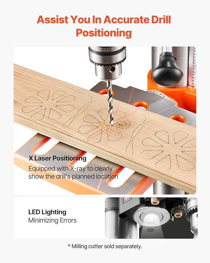 VEVOR 10-Inch Benchtop Drill Press, 5 Amp, 0.8 HP 600W Bench Drill Press, 530-3140 RPM Variable Speed, 0-45째 Tilting Worktable, with Laser and LED Work Light, Tabletop Drilling Machine, for Wood Metal