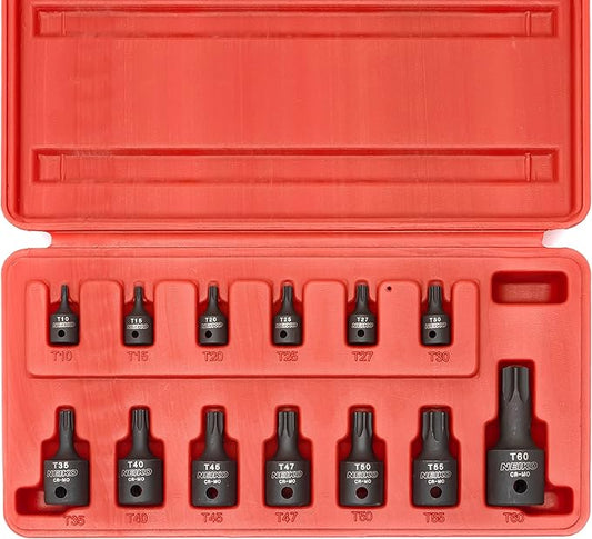 NEIKO 10282B 13 Piece Security Torx Socket Bit Set, 6 Point Heavy Duty Tamperproof Impact Grade Star Bit Set Torx, Safety Torx Bit Set, Tamper Proof Torx Bit Set, Torx Tool Set, Torx Socket Set