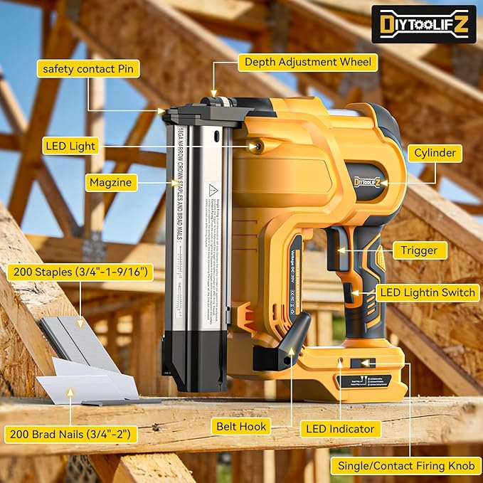 18GA Cordless 2" Brad Nailer Compatible with DeWalt 20V (Tool Only), 2-in-1 Nail & Staple Gun, Tool-Free Jam, Adjustable Depth, 2 Modes with 400 Nails/Staples for Woodworking,Trim,Carpentry