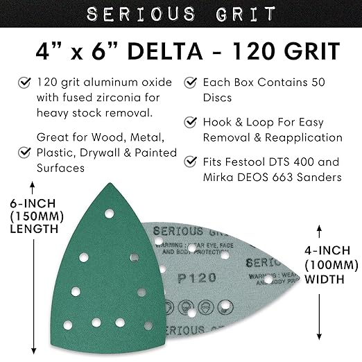 Serious Grit - 120 Grit 4" x 6" Delta (100mm x 150mm) Triangle Sanding Sheets - Fits Festool DTS 400 & Mirka DEOS Delta Sanders - Heavy-Duty Hook & Loop Film Sandpaper for Detail Sanders - 50 Pack Box