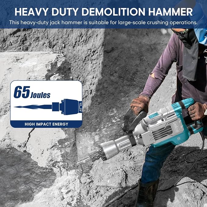 ENEACRO Demolition Jack Hammer 14.5Amp SDS-Hex Concrete Breaker, 65 Joules Heavy Duty Chipping Hammer Cement/Pavement/Floor Breaker, with 2pcs of chisels and Carry box with Rollers