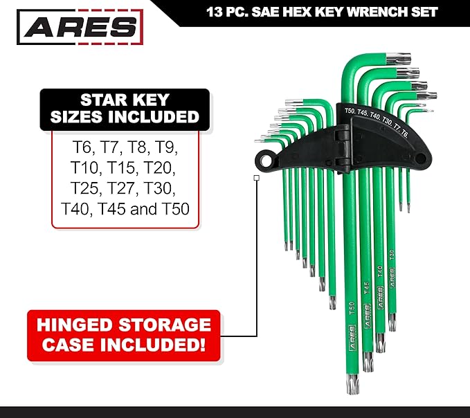 ARES 70166-13-Piece Extra Long Arm Torx Star Key Wrench Set - Chrome Finish with Green High Visibility Anti-Slip Coating - Convenient Storage Case Included