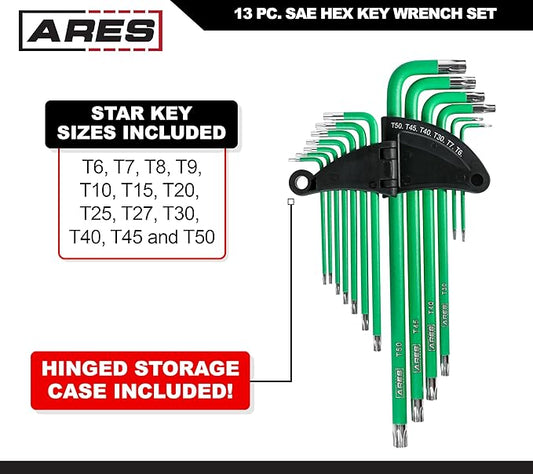 ARES 70166-13-Piece Extra Long Arm Torx Star Key Wrench Set - Chrome Finish with Green High Visibility Anti-Slip Coating - Convenient Storage Case Included