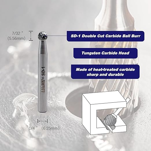 SD-1 Tungsten Carbide Burr Ball Shape Double Cut Rotary Burrs File, Used for metalwork, Tool Making, Engineering, Grinding by LU&MN
