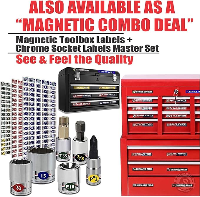 Ultimate Magnetic Tool Box Organizer Labels - Blue Edition organize boxes, drawers & cabinets “Quick & Easy”, fits all brands of ‘Steel’ tool chest Craftsman, Snap-on, Mac, Matco & Cornwell