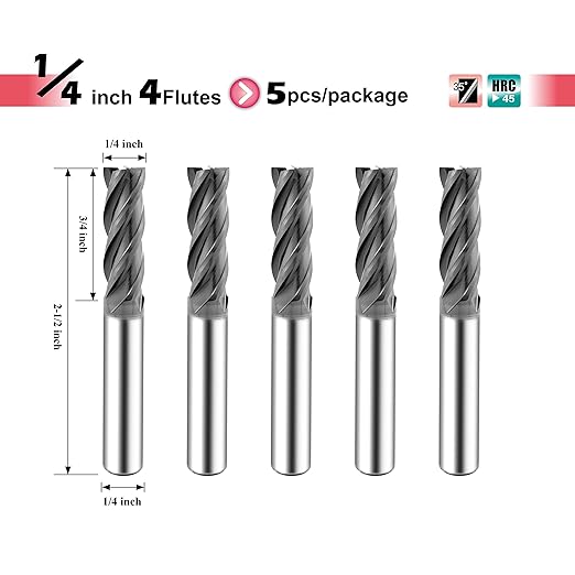 SPEED TIGER Micrograin Carbide Square End Mill - 4 Flute - ISE1/4 4T (5 Pieces, 1/4") - for Milling Alloy Steels, Hardened Steel, Metal & More ??Mill Bits Sets for DIYers & Professionals