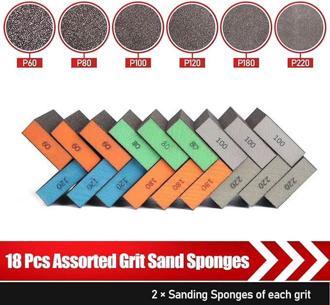 18 Pack Sanding Sponge, Washable and Reusable Sanding Block for Wood Drywall Metal Glasses Coarse/Medium/Fine/Superfine in 60/80/120/220 Grit Sandpaper Block Sand Paper Brick (3.9'' 횞 2.8'')