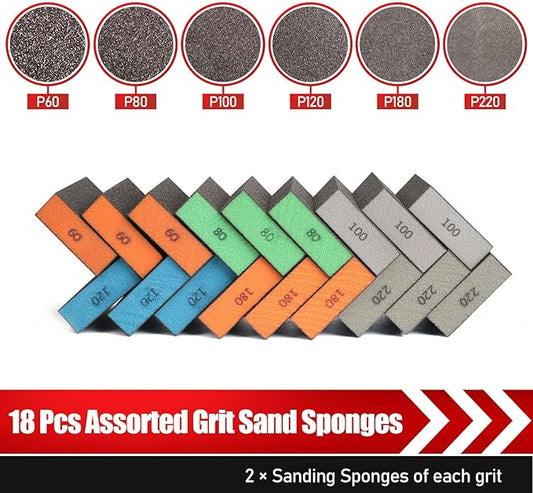 18 Pack Sanding Sponge, Washable and Reusable Sanding Block for Wood Drywall Metal Glasses Coarse/Medium/Fine/Superfine in 60/80/120/220 Grit Sandpaper Block Sand Paper Brick (3.9'' 횞 2.8'')