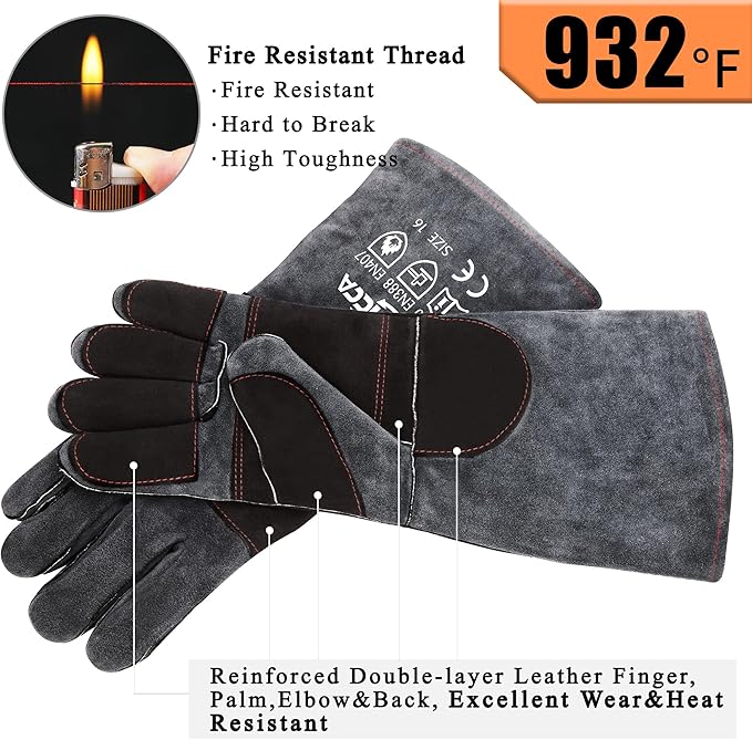 Fireplace Gloves Fire Heat Resistant: Dark-Grey 16IN 932??- Fireproof Leather for Fireplace Fire Pit Wood Stove Campfire Furnace BBQ Grill Oven Stick Mig Welding Welder Gear - Birthday Gift XL
